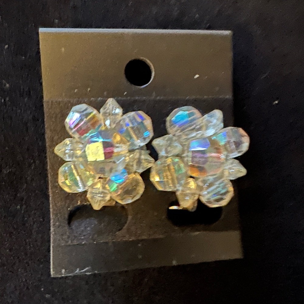 Silver and Aurora Borealis Floral Cluster Earrings